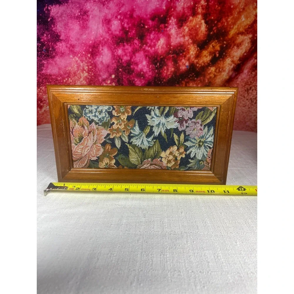 Vintage 1970s Floral Tapestry Jewelry Box Wood Mirrored Vanity Keepsake Box